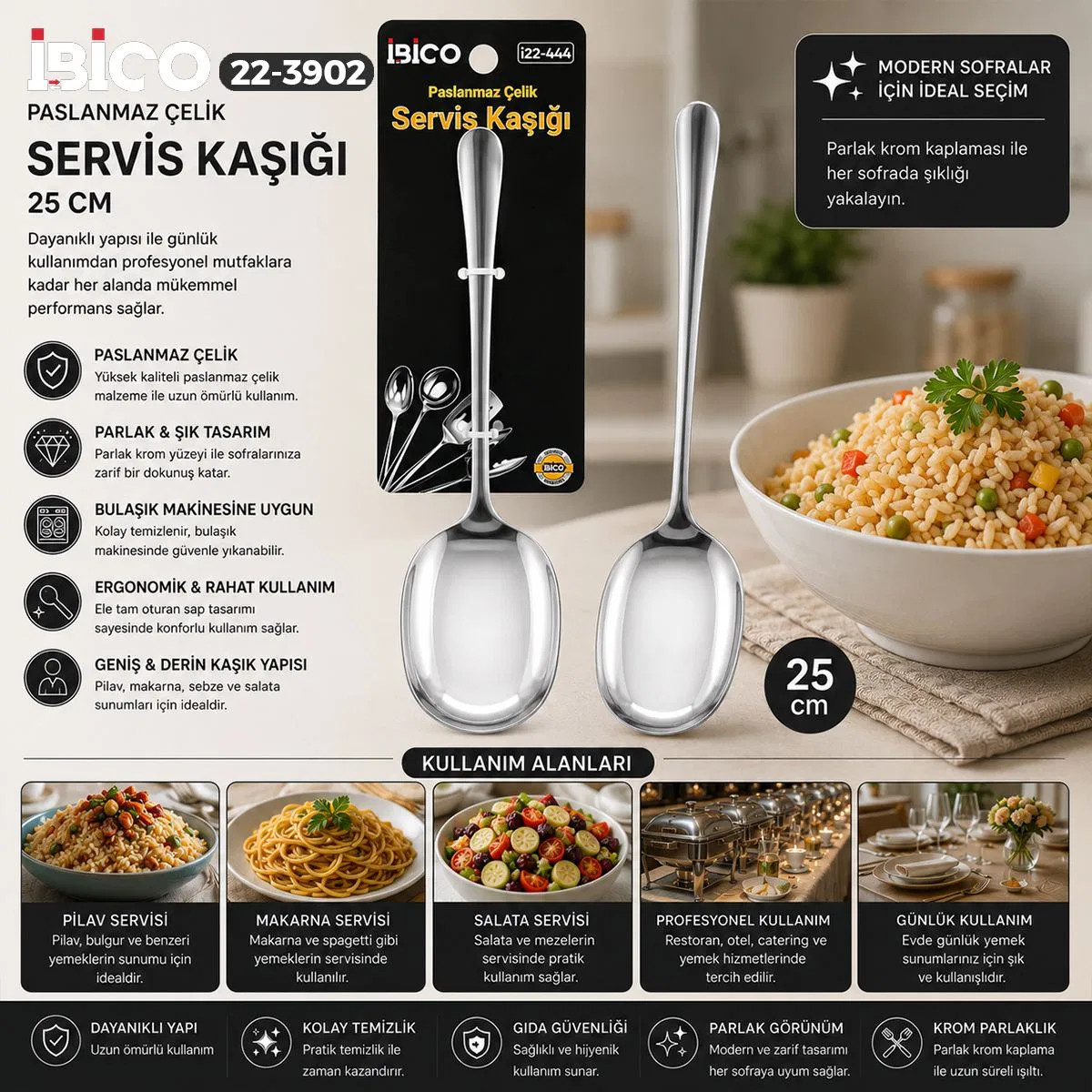 Krom 25 cm Metal Servis Kaşık görsel 2