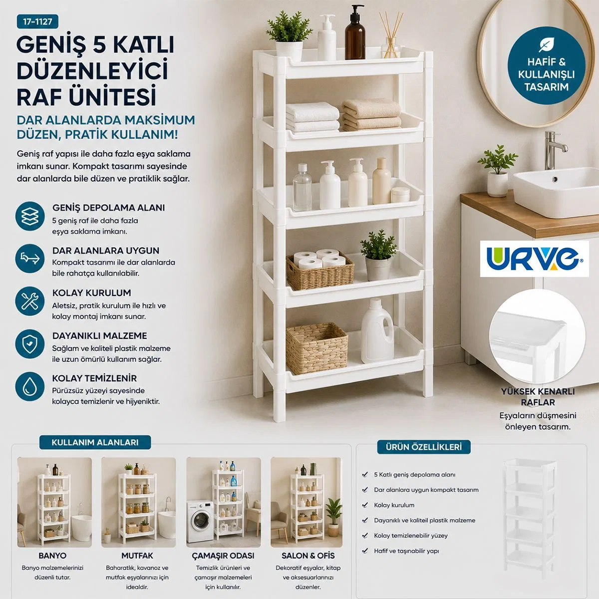 5 Katlı Geniş Sepet Raf Organizer (355x220x870 mm) görsel 3
