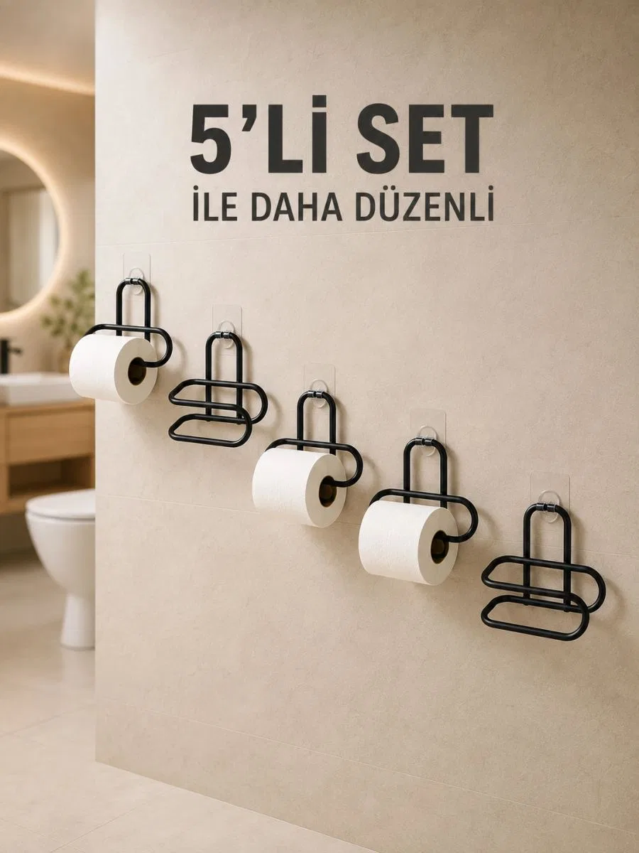 Yapışkanlı Tuvalet Kağıdı Askısı Siyah Metal Delmeden Montaj Wc Kağıtlık 5 Adet