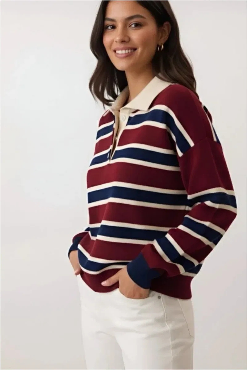 Kadın Şık Polo Yaka Çizgili Oversize Triko Kolej Stil Yumuşak Dokulu Kazak görsel 5