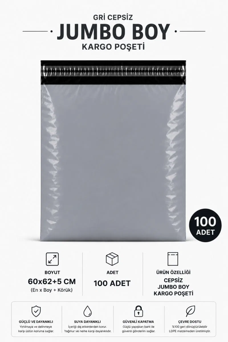 Gri Cepsiz Jumbo Boy Kargo Poşeti 60x62+5 Cm 100 Adet