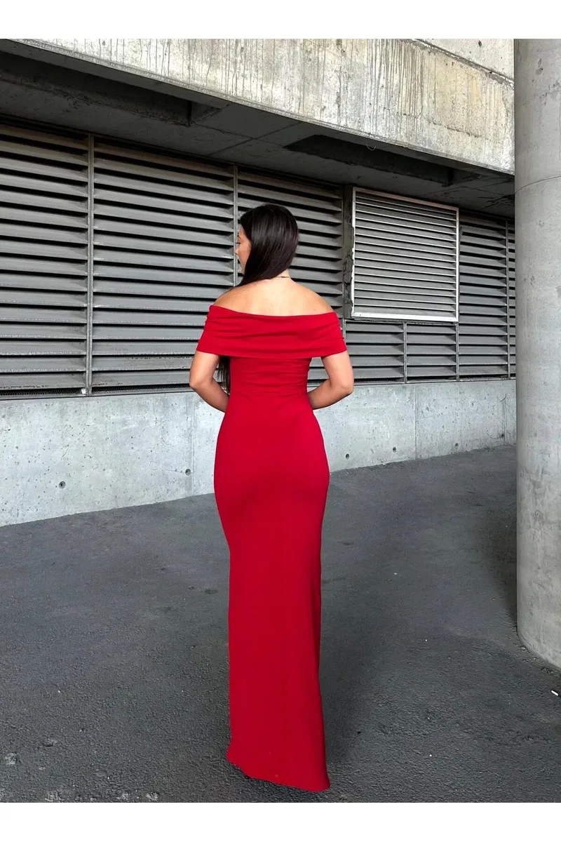 Kadın Tasarım Halter Yaka Kolsuz Krep Kumaş Omzu Açık Abiye Elbise görsel 7