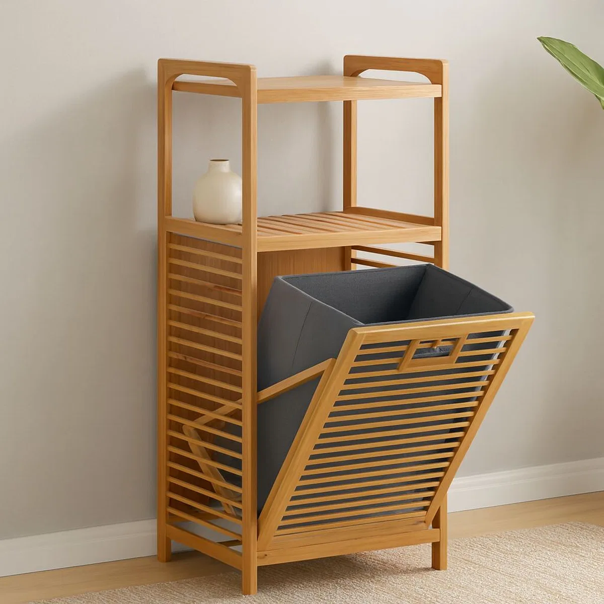 2 Katlı Bambu Çamaşır Sepeti Önden Çek-Aç Organizer 40x35x95 cm görsel 2