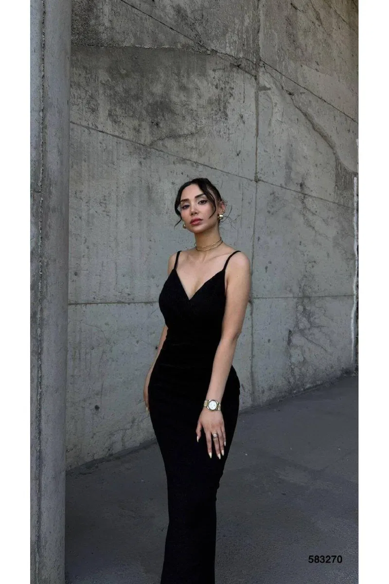 Kadın Modern Stil Mezuniyet Elbisesi V Yaka Askılı Balık Kesim Abiye Elbise görsel 2