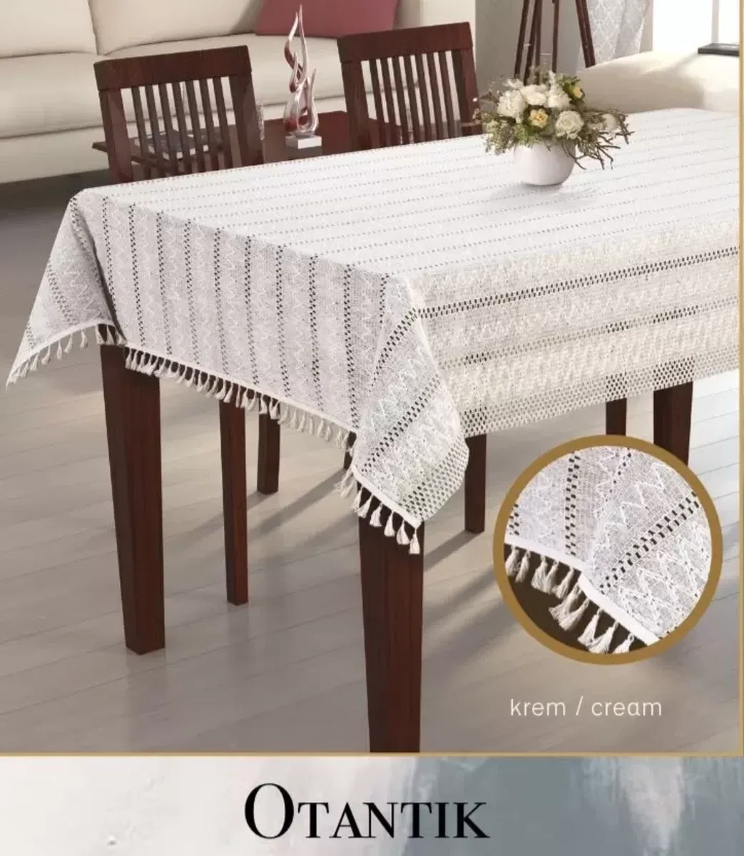 150x260 cm Otantik Krem Pamuklu Masa Örtüsü Şık Yemek Masası Dekoru görsel 2