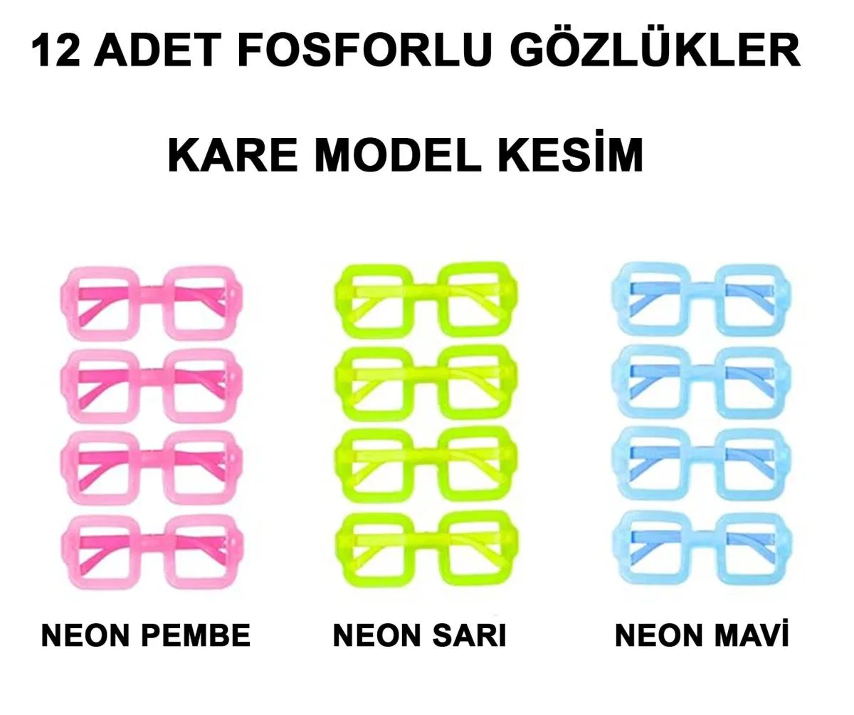 Fosforlu Kare Model Glow Parti Gözlüğü Karanlıkta Yanan Gözlükler 12 Adet görsel 2