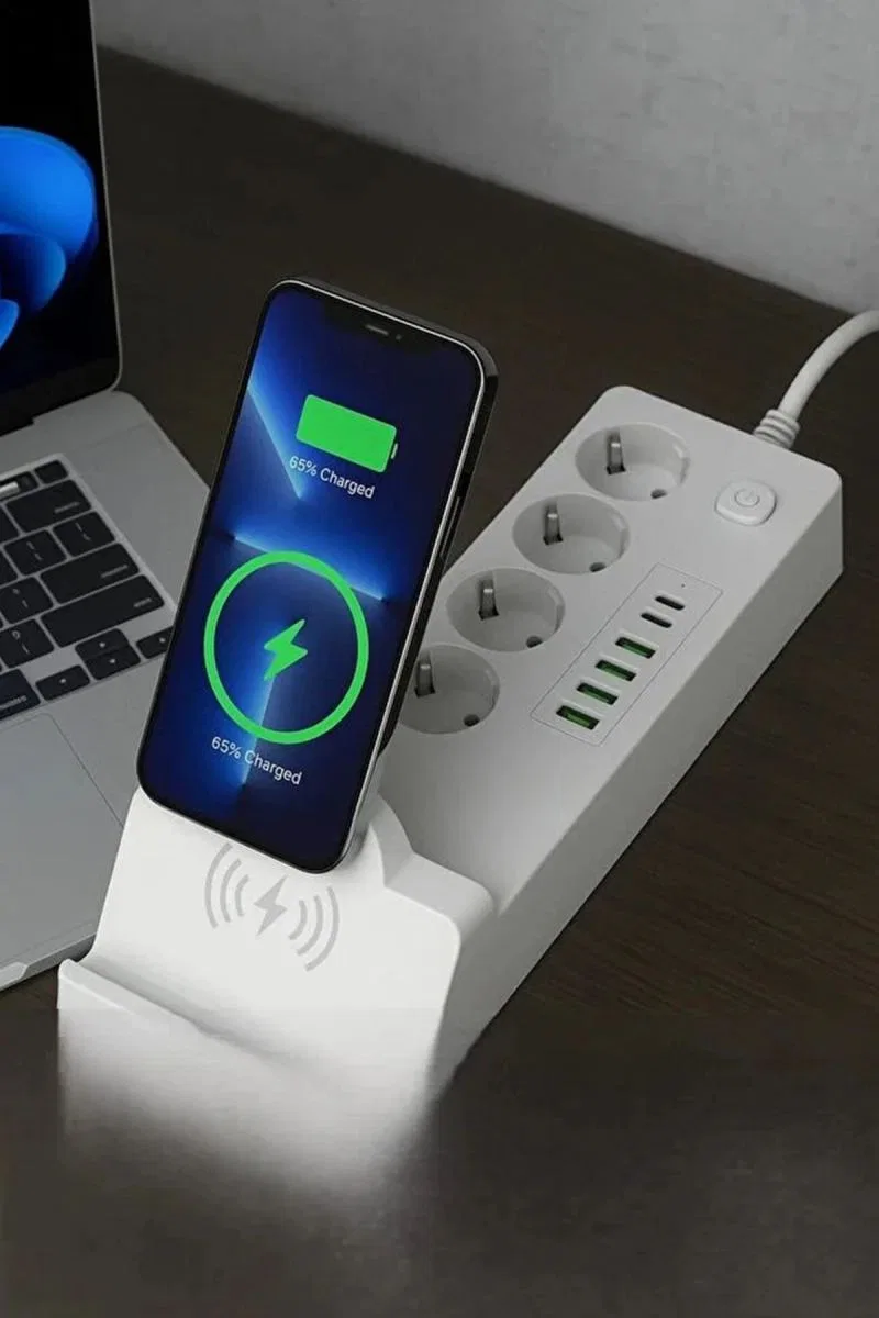 Akım Korumalı Priz Ve Masaüstü Şarj İstasyonu Kablosuz 4 Priz, 4 Usb, 2 Type-c Girişli 2 Metre görsel 2