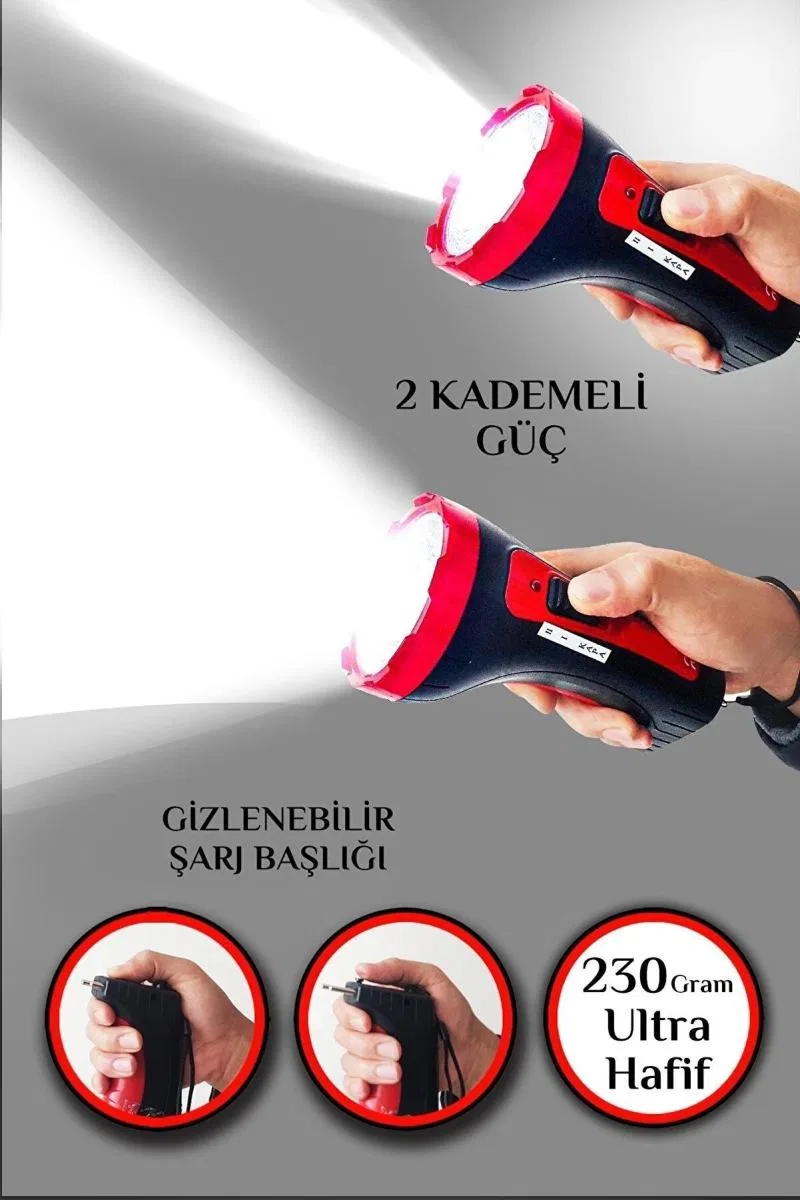Şarjlı 10w Projektör Led El Feneri 2 Mod Aydınlatmalı Uzun Menzil Güvenlik Bekçi Polis Feneri Işıldak görsel 5