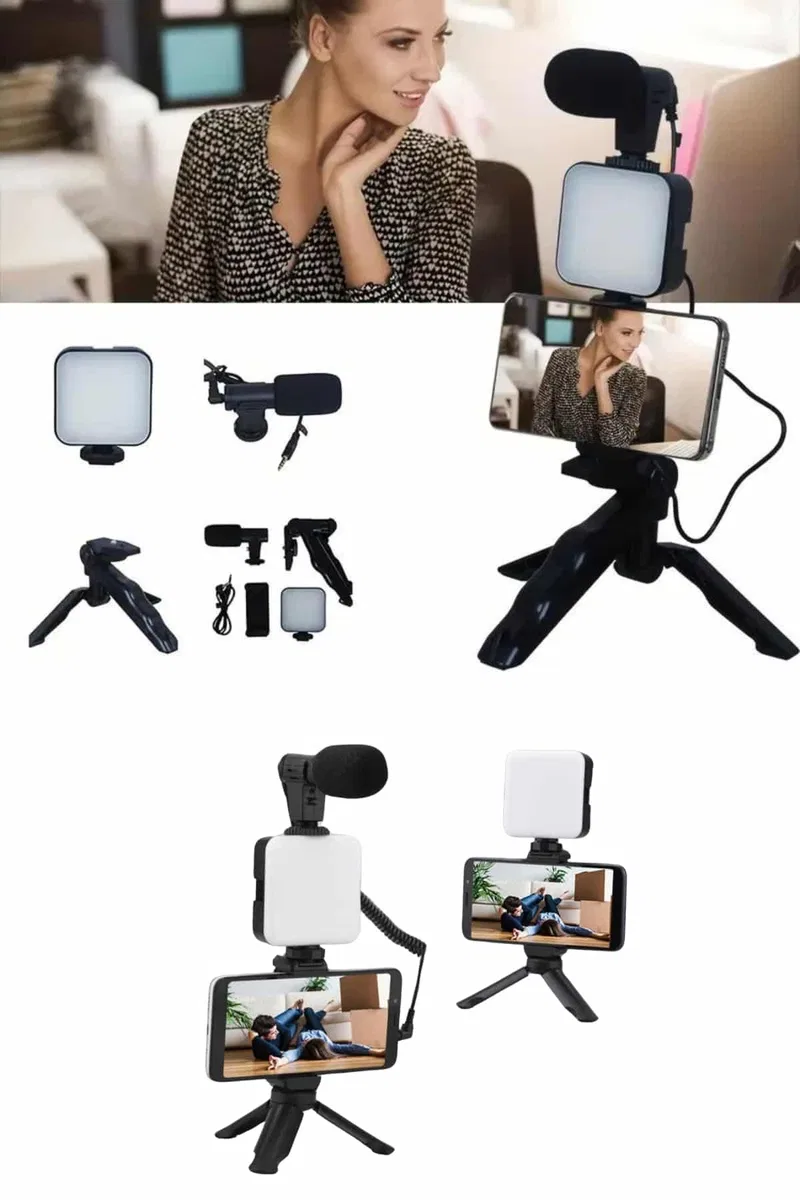 Telefon Tutucu Mikrofonlu Işıklı Youtuber Video Kayıt görsel 5