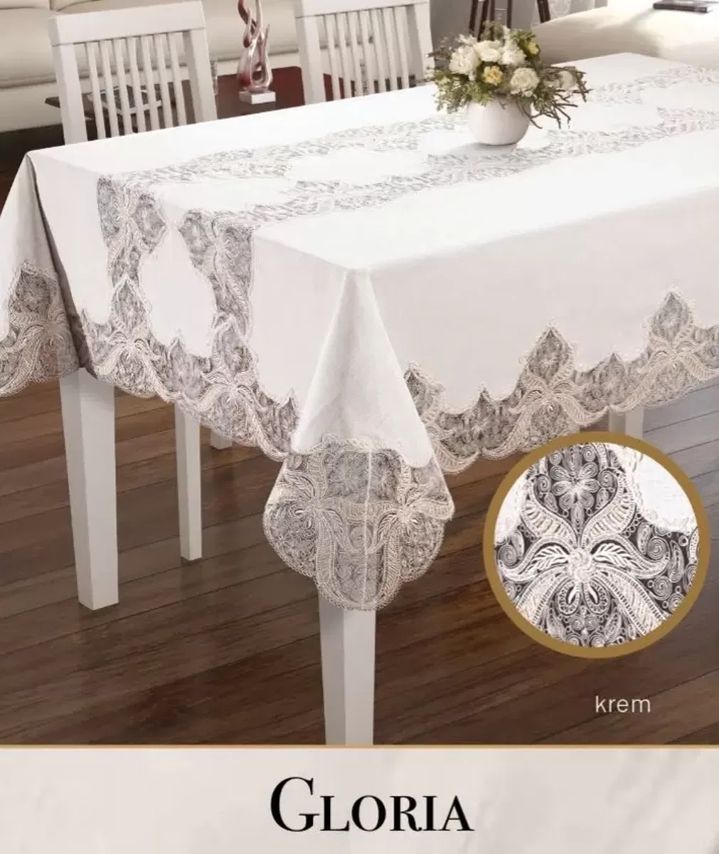 Krem Gloria Model Keten 160x260 cm Dantelli Dekoratif Yemek Masası Örtüsü görsel 7