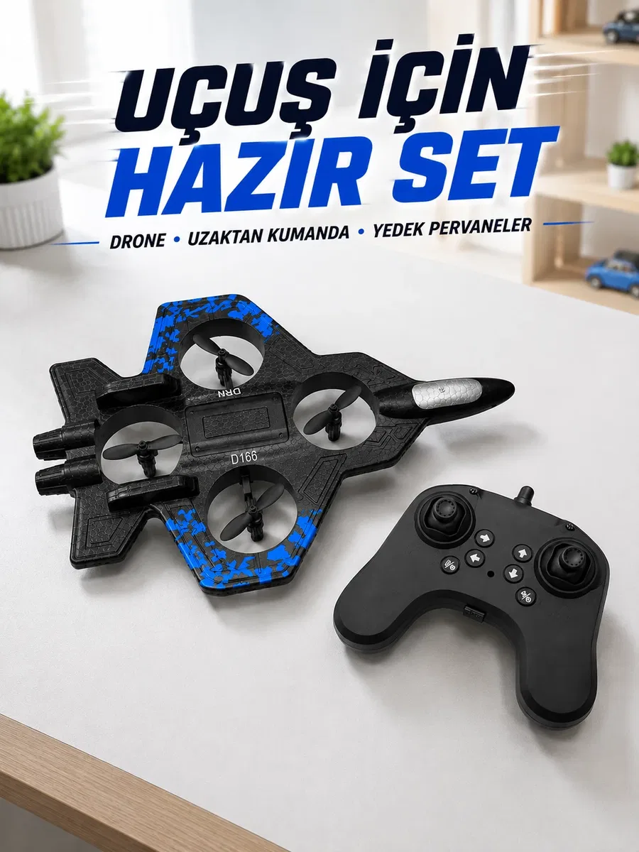 Savaş Jeti Görünümlü Drone 2. 4G Kumandalı Jiroskoplu 360° Akrobatik Takla Yedek Pervaneli