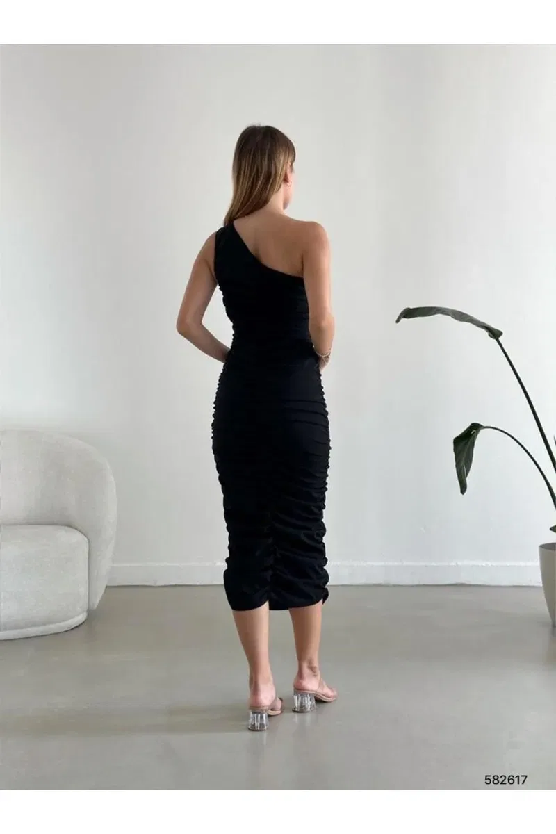 Kadın İnce Tek Omuz Tek Kol Krep Kumaş Bodycon Abiye Elbise görsel 4