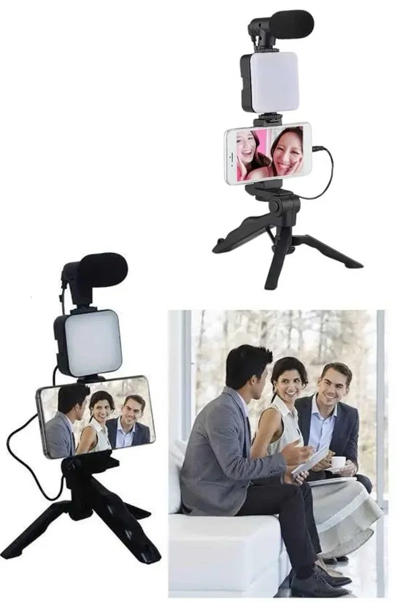 Telefon Tutucu Led Işıklı Kumandalı Mikrofon Telefon Vlog Video Kayıt görsel 3