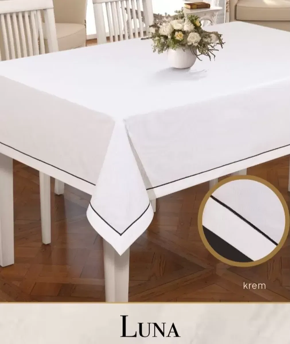 Luna Model Krem 160x260 cm Keten Masa Örtüsü Modern Şık Ev Tekstili Yemek Masası görsel 6