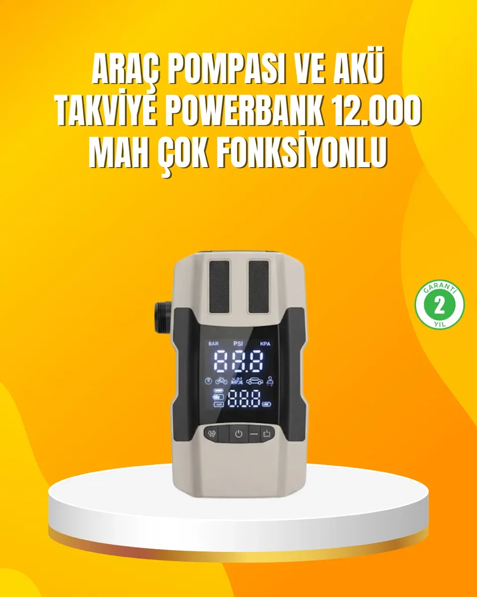 12. 000 mAh Akü Takviye Powerbank Dahili Hava Dijital Ekranlı