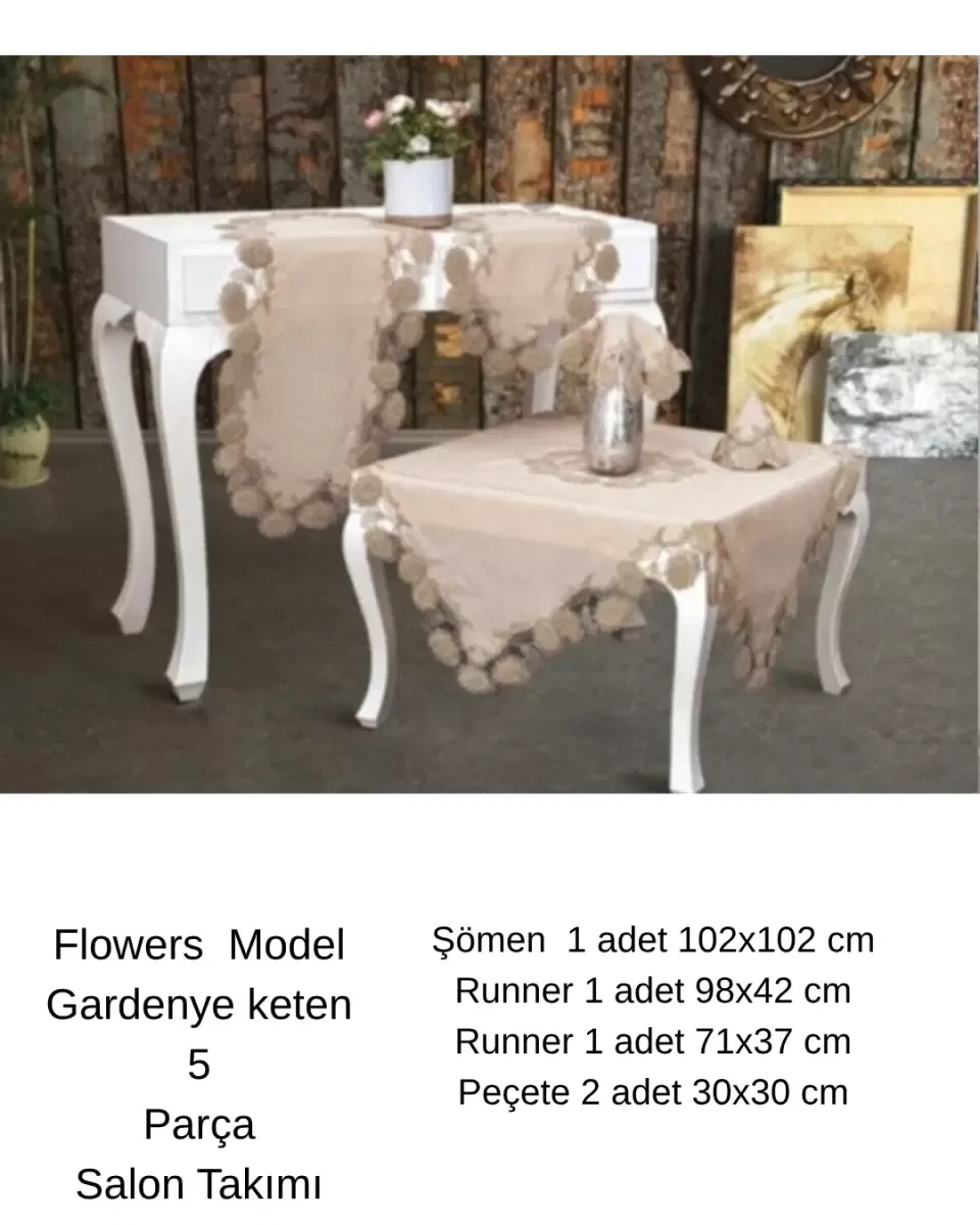 Salon Takımı 5 Parça Keten Dantelli Masa Örtüsü Runner Seti Çeyizlik Flowers Model Kapiçino görsel 3