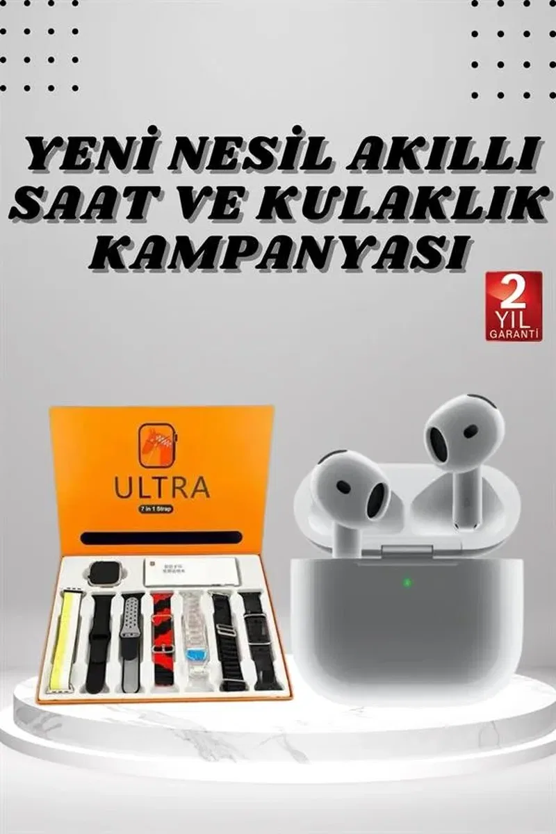 7 Kordonlu Akıllı Saat Ve 3. Nesil Kulaklık Dokunmatik Ekran Sesli Görüşme Yapabilen görsel 2