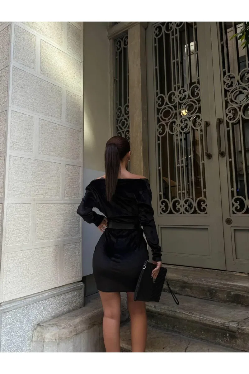 Kadın Zarif Stil V Yaka Uzun Kol Omzu Açık Abiye Elbise görsel 8
