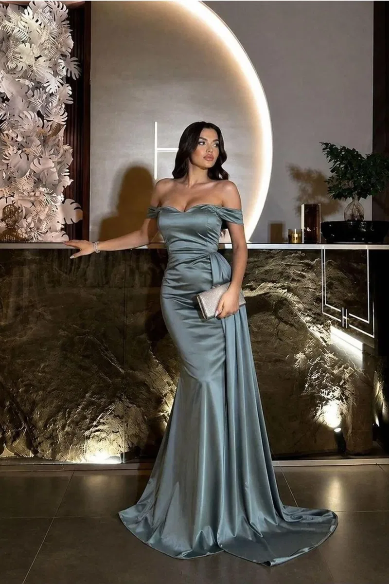 Kadın Saten Kumaş Kayık Yaka Maxi Abiye Elbise görsel 5