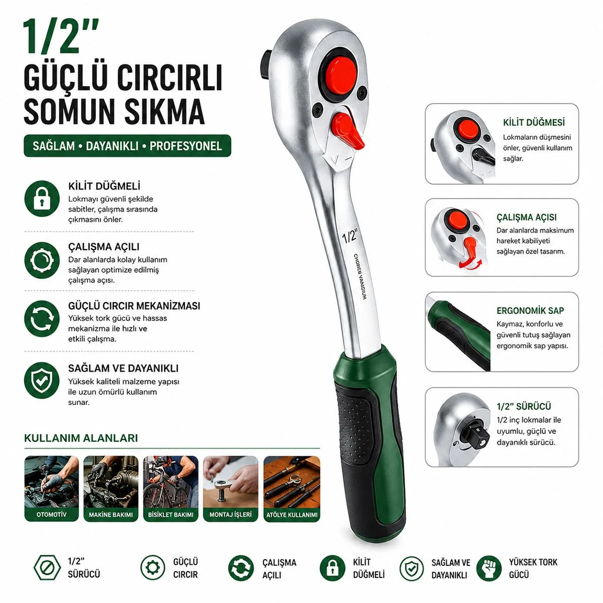 1/2" Cırcır Somun Sıkma Kolu 17 mm görsel 2