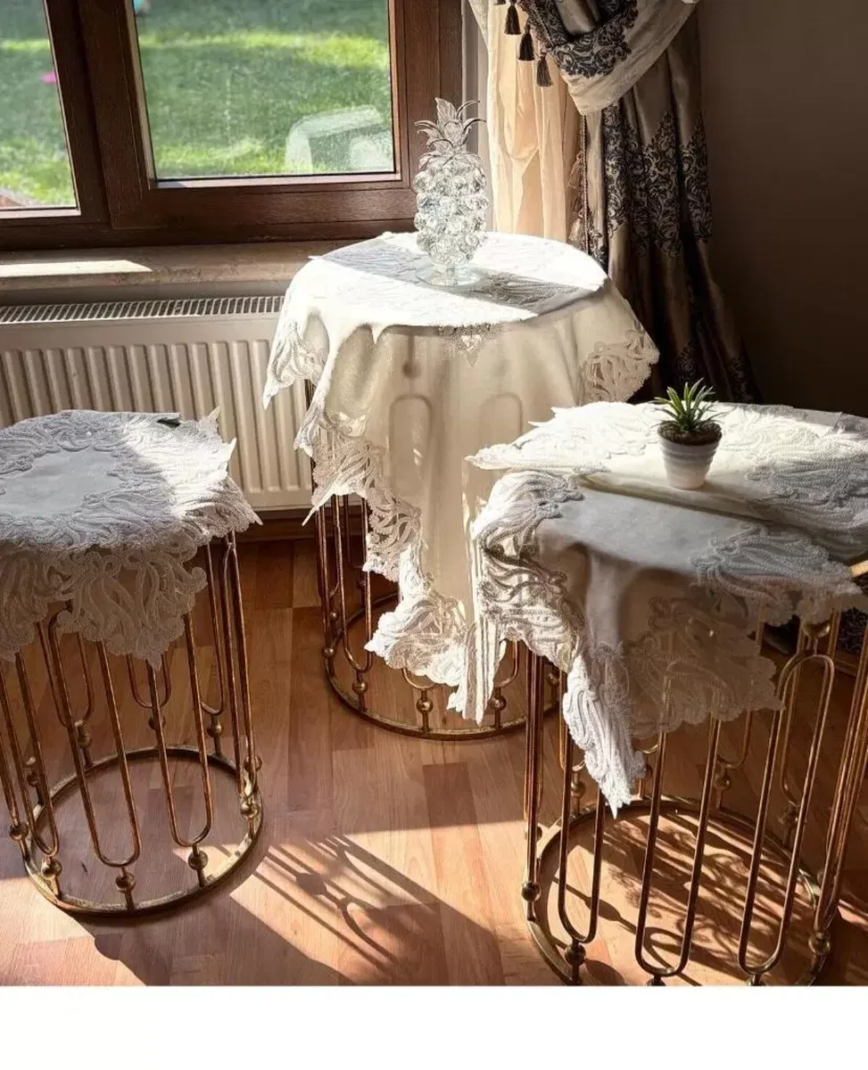 5 Parça Gülseda Model Krem-Krem Keten Dantelli Runner Seti Çeyizlik Salon Takımı görsel 7