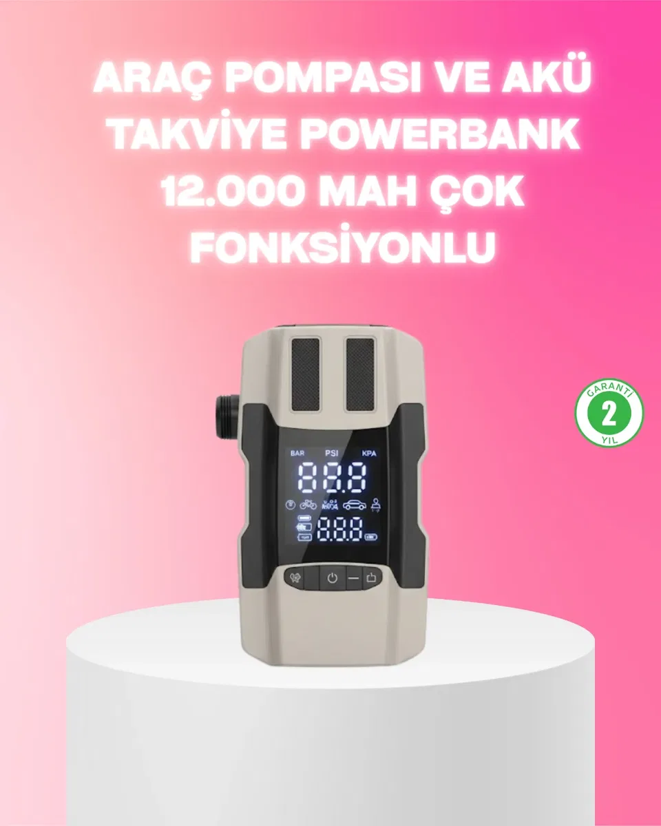 Araç Hava Pompası ve Akü Takviye Powerbank 12. 000 mAh Çok Fonksiyonlu