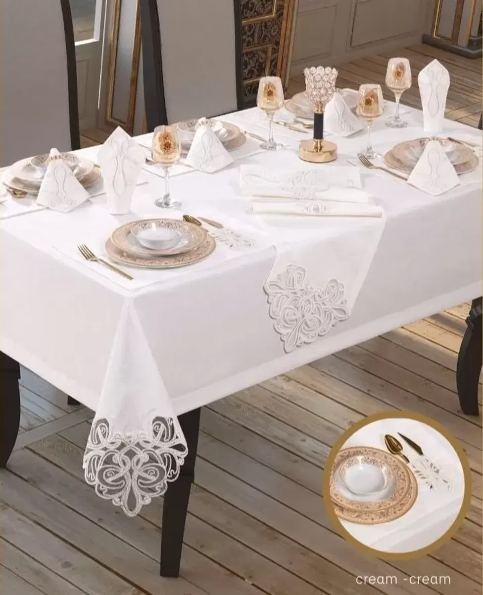 Taç Keten Krem-Krem 160 × 260 cm suplalı masa seti görsel 3