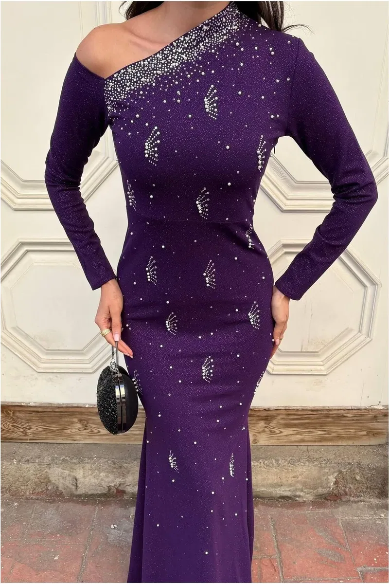 Kadın Vintage Krep Kumaş Tek Omuz Abiye Elbise görsel 6