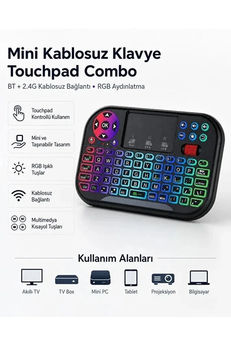 Rgb Işıklı Mini Kablosuz Klavye Touchpad Combo, Bluetooth Ve 2. 4g Smart Tv Kumandası görsel 2