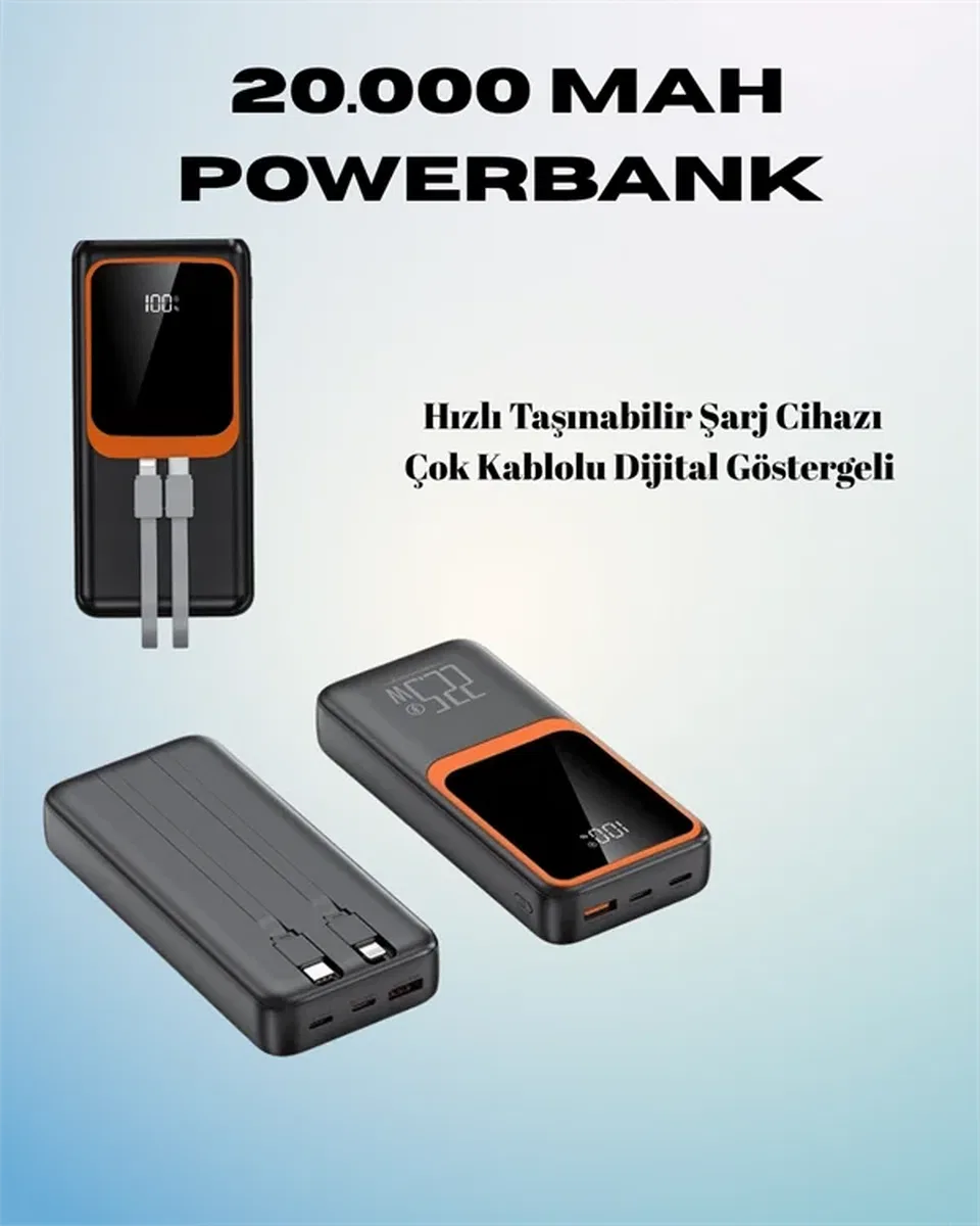 20000 mAh Powerbank | Çok Kablolu, Dijital Göstergeli, Yüksek Hızlı Şarj Cihazı görsel 2