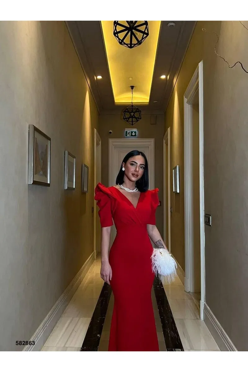Kadın Vintage Kruvaze Kısa Kol Balık Kesim Abiye Elbise görsel 6