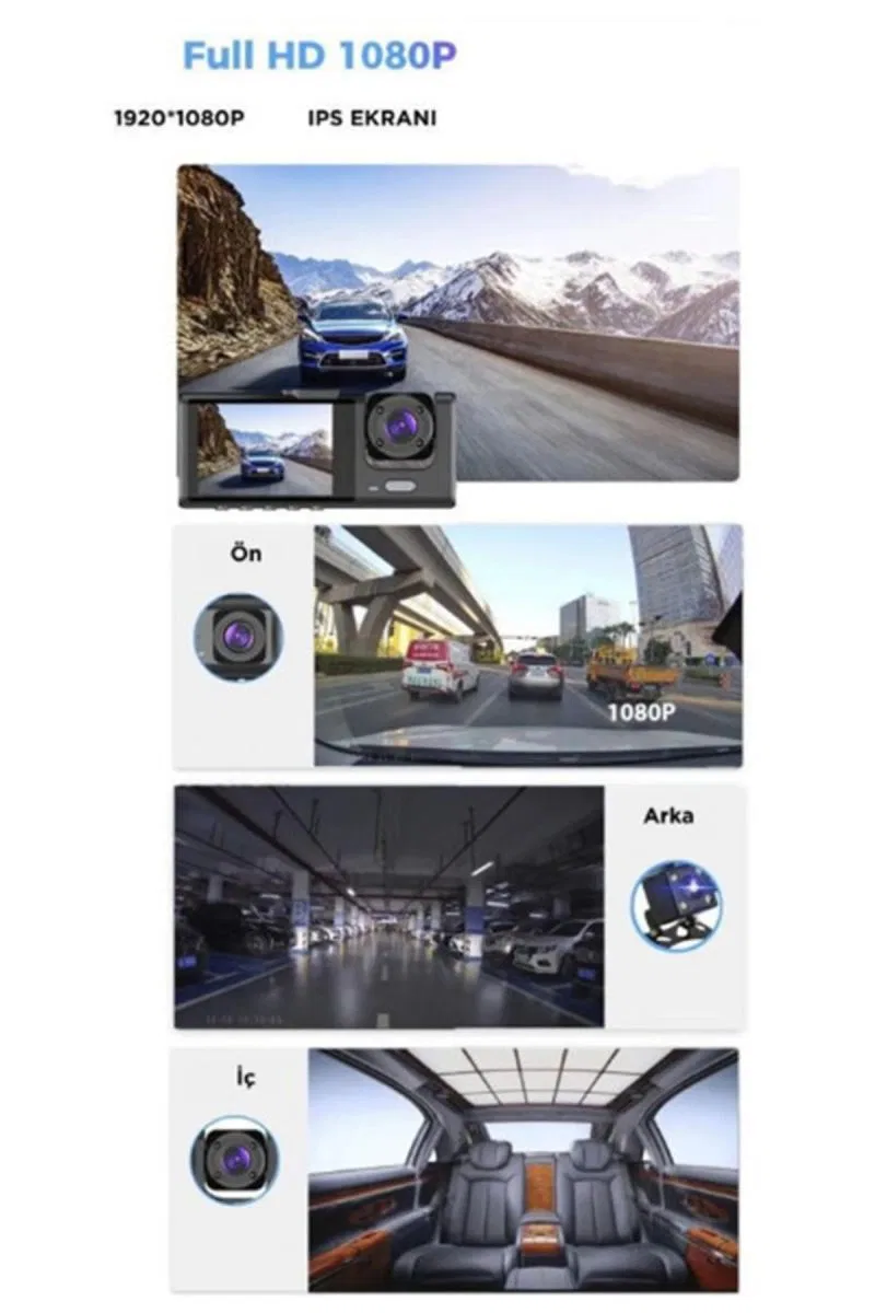 Araç İçi 1080p 3 Kameralı Lcd Ekranlı Gece Görüşlü, G-sensör, Geri Görüş Kamera görsel 2