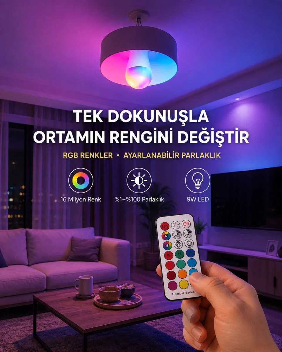 Kumanda Destekli Çok Renkli Akıllı Led Ampul Yeni Nesil