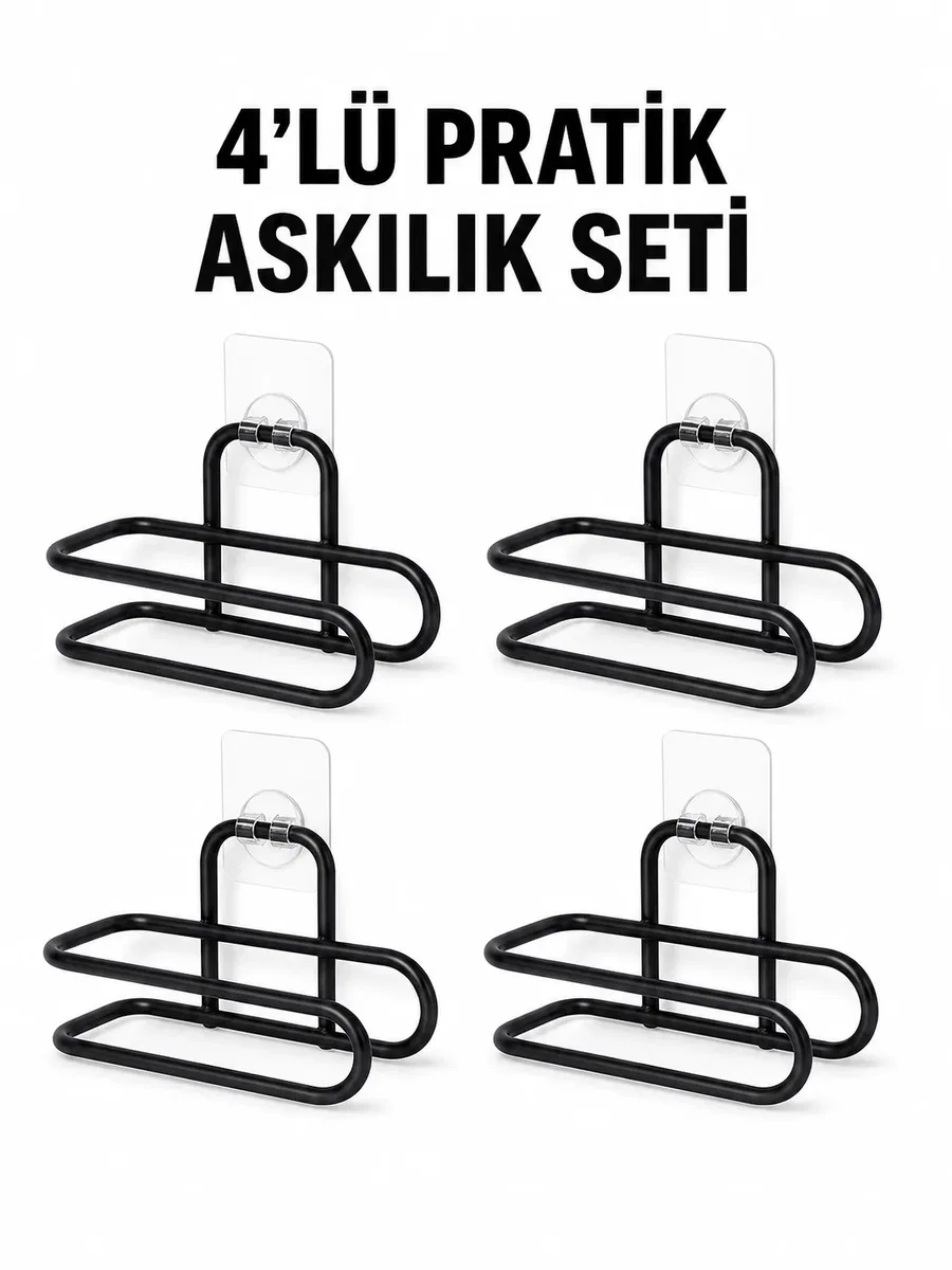 Siyah Metal WC Kağıtlık Yapışkanlı Duvar Tipi Tuvalet Kağıdı Tutucu Seti 4 Adet