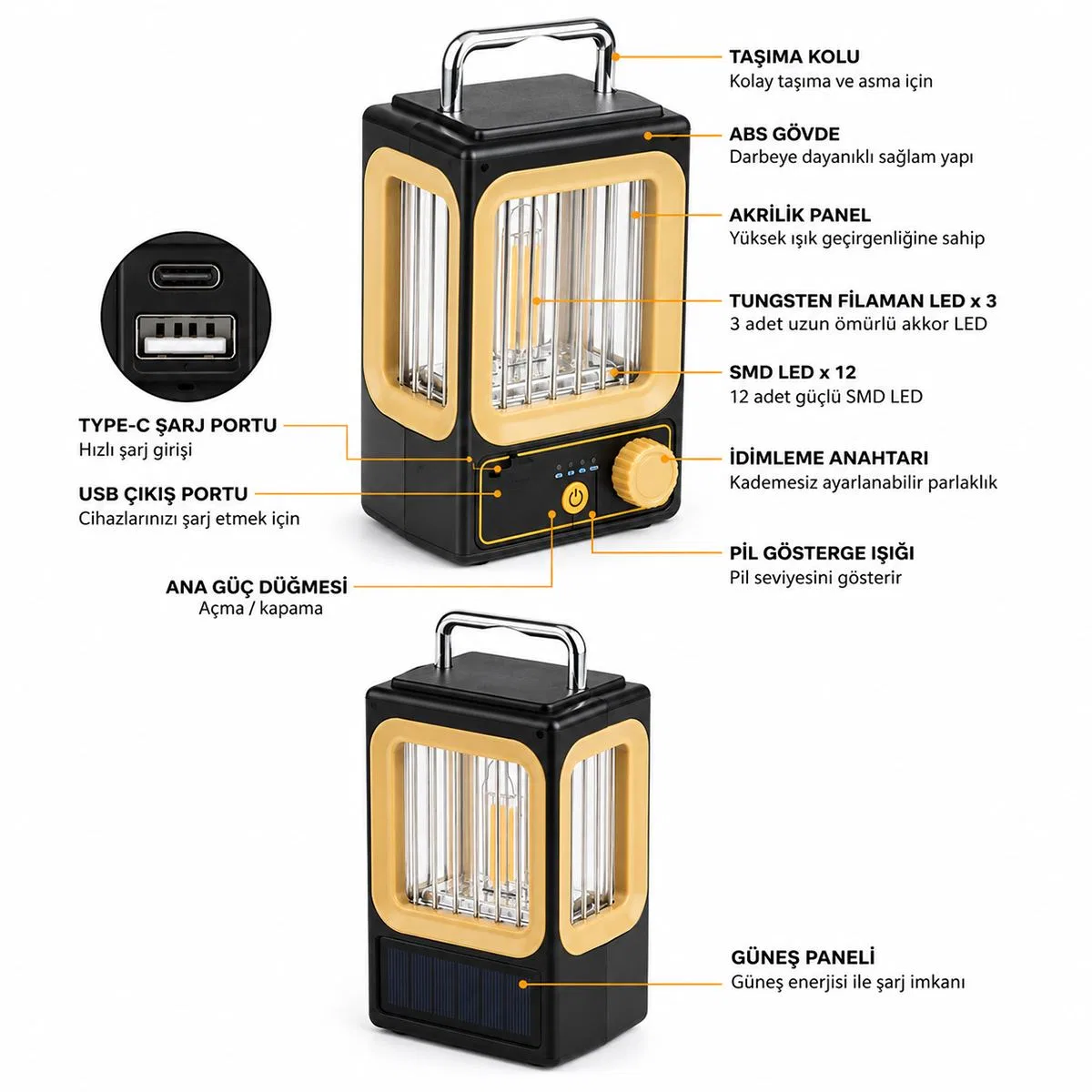 Nostalji Solar Lamba - USB Şarjlı 1500mAh görsel 4