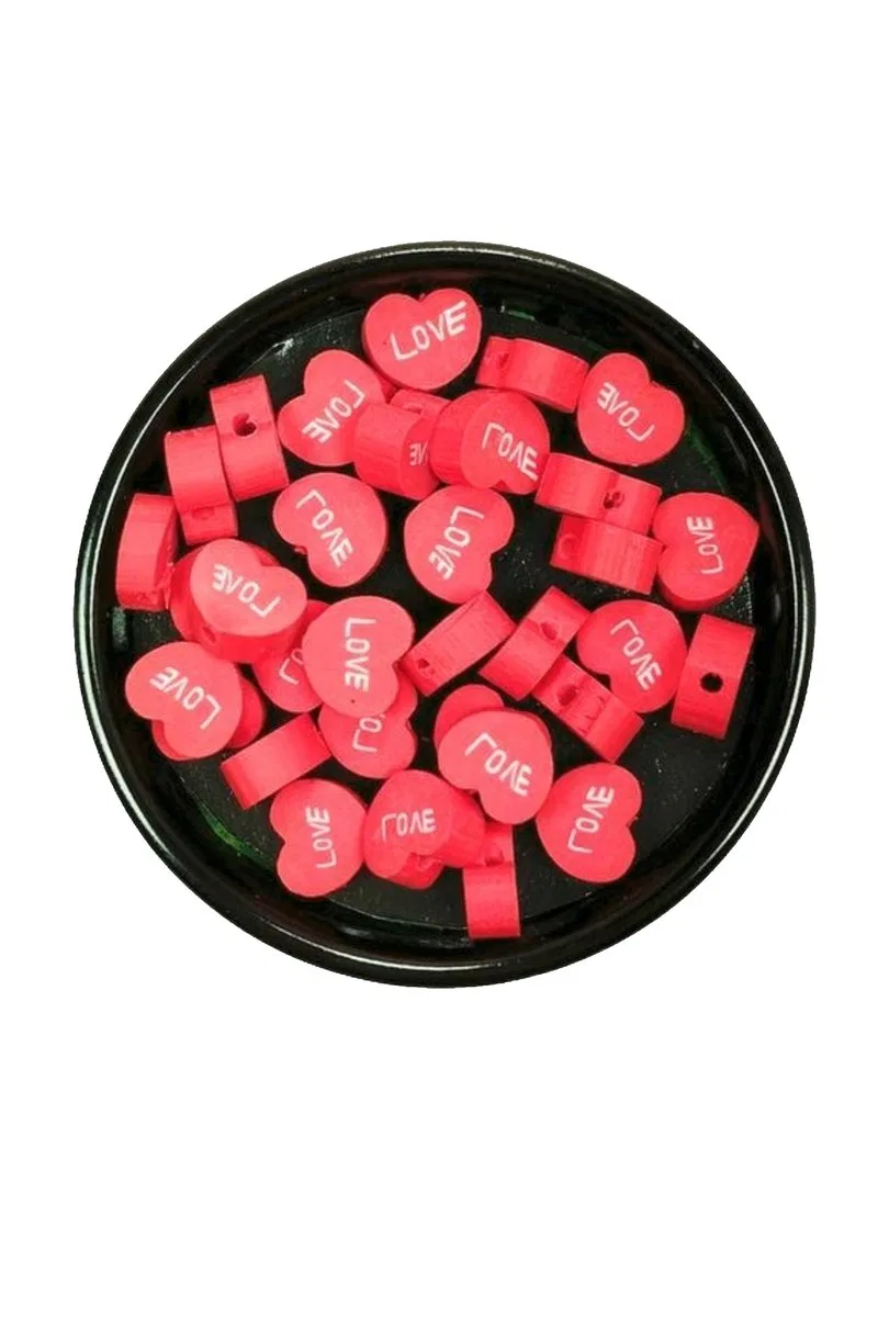 30 Adet 10 mm Polimer Kil Fimo Boncuk Takı Bileklik + 1 Metre Lastikli Misina Hediye - Kalp Love görsel 3