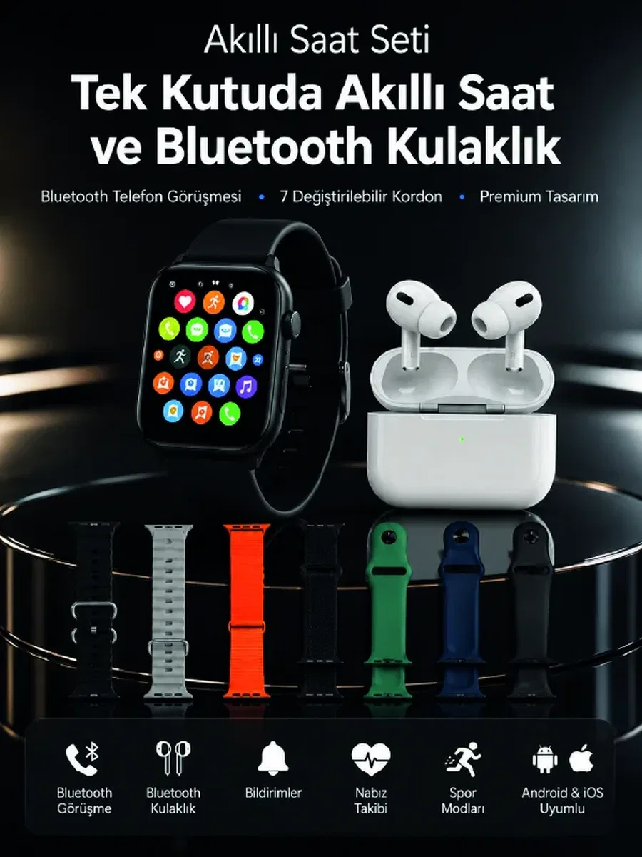 7 Kordonlu Akıllı Saat ve Bluetooth Kulaklık Seti Nabız Takibi, Bildirimler ve Spor Modları