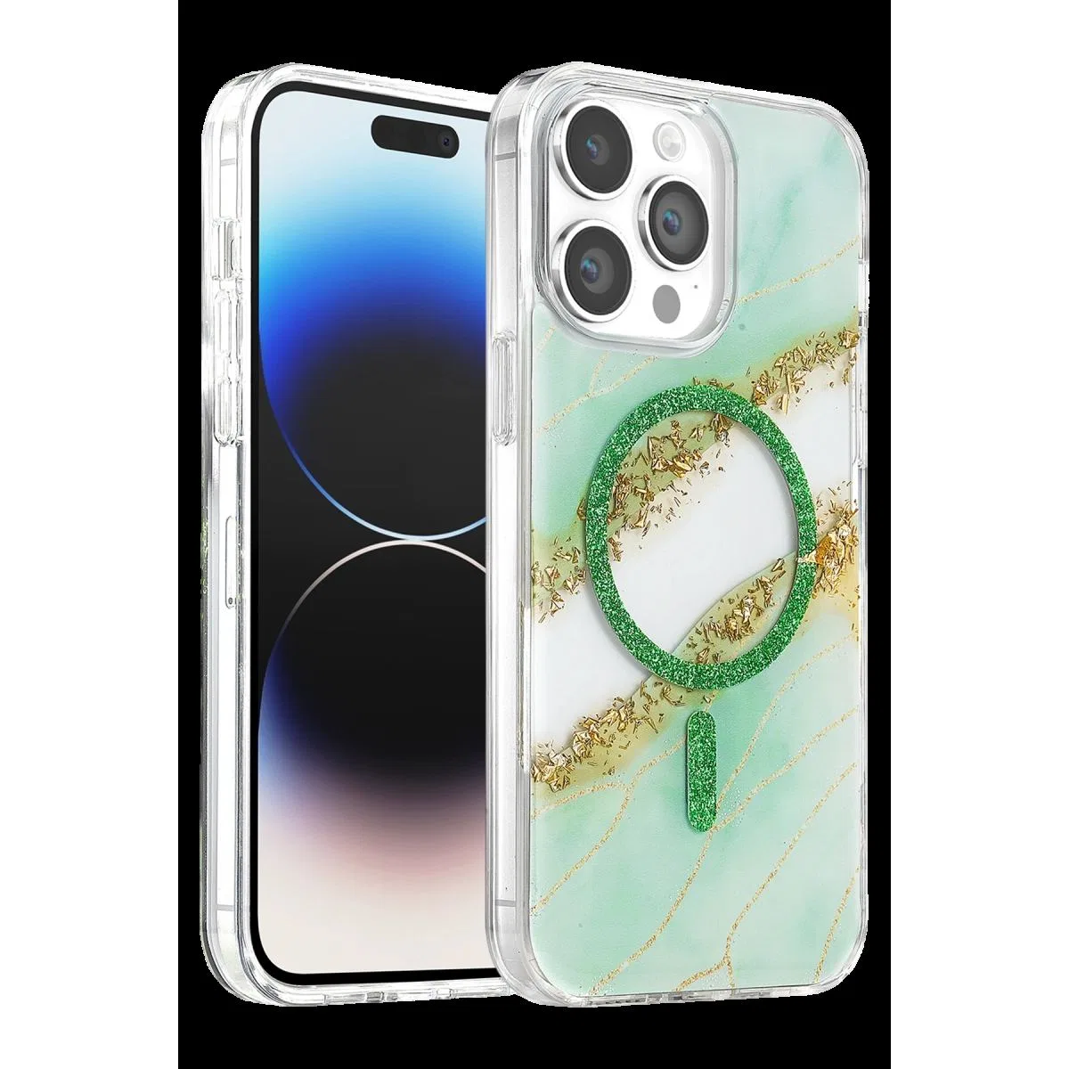 Onegif Apple İphone 15 Pro Max Lotus Simli Magsafe Kapak - Yeşil