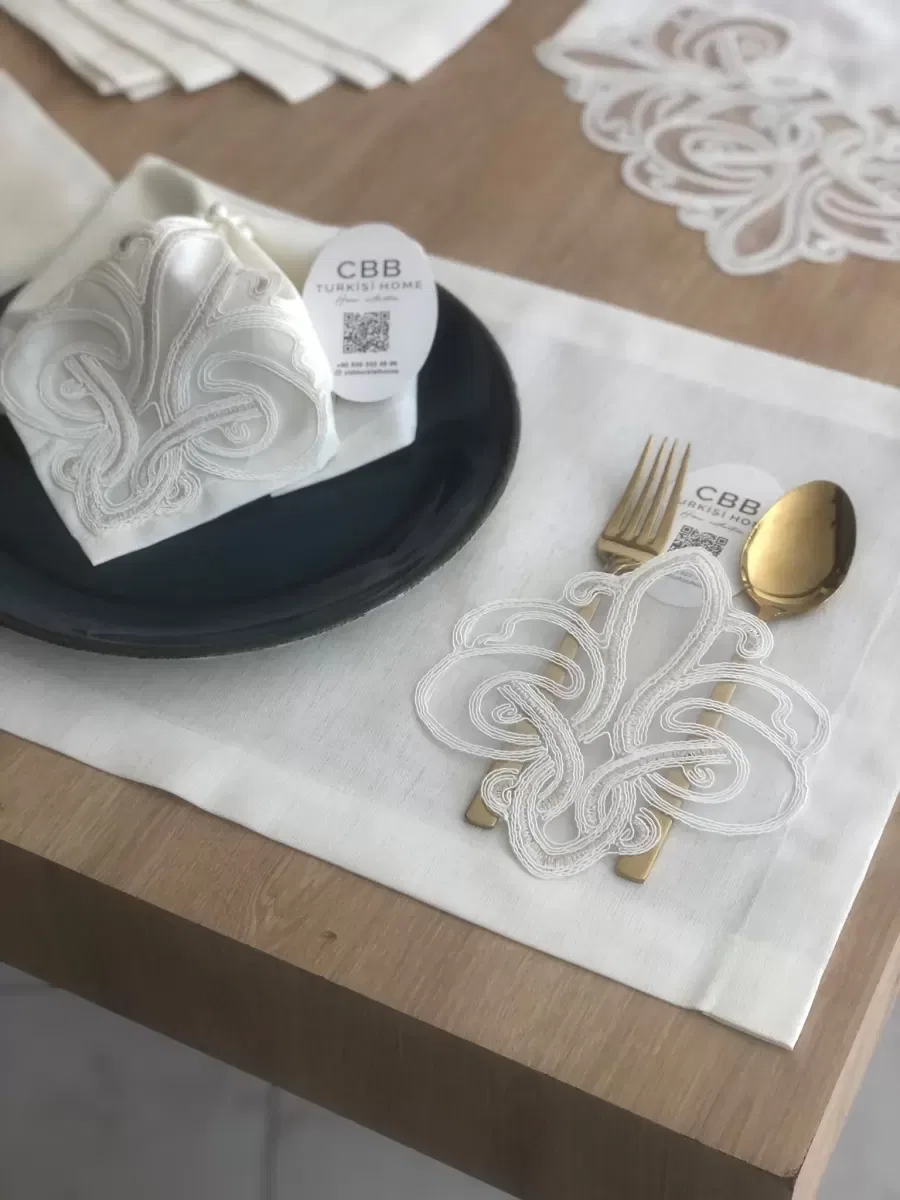 Sofra Takımı Taç Gardenya Keten Yemek Takımı 160x260 Masa Seti 26 Parça Runner Set Krem görsel 2