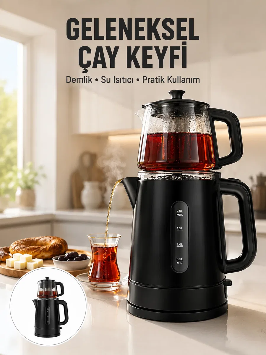 0, 9 L Cam Demlik ve 1, 7 L Su Haznesi ile Çay Keyfi Yeni Nesil