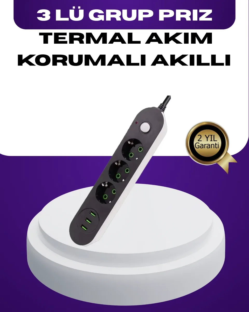 USB Yuvalı Anahtarlı Üçlü Priz 2 Metre Kablolu