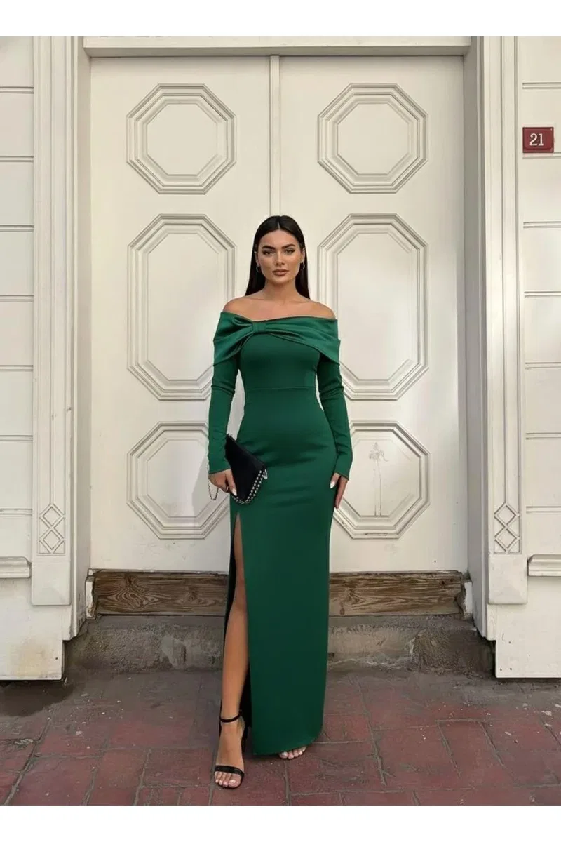 Kadın Günlük Carmen Yaka Kolsuz Saten Kumaş Omzu Açık Abiye Elbise görsel 7