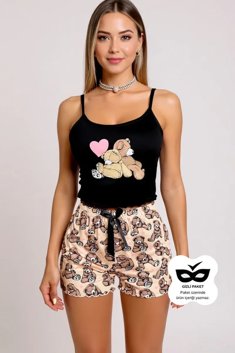 Kadın Yeni Sezon Renkli Ayıcık Desenli Askılı Şortlu Pijama Takımı
