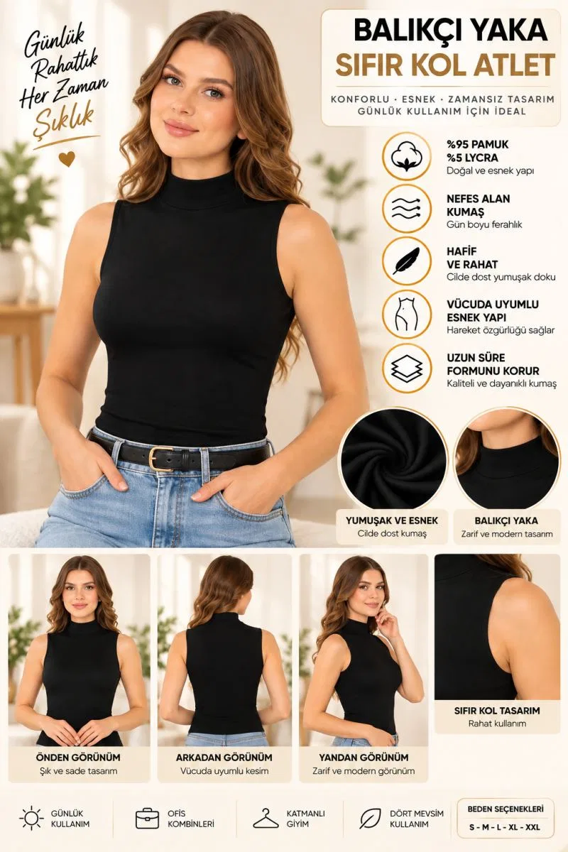 Kadın Balıkçı Yaka Sıfır Kol Atlet Siyah, Esnek Kumaş, Vücuda Oturan Basic Kolsuz Body - ryl - 2614 görsel 3