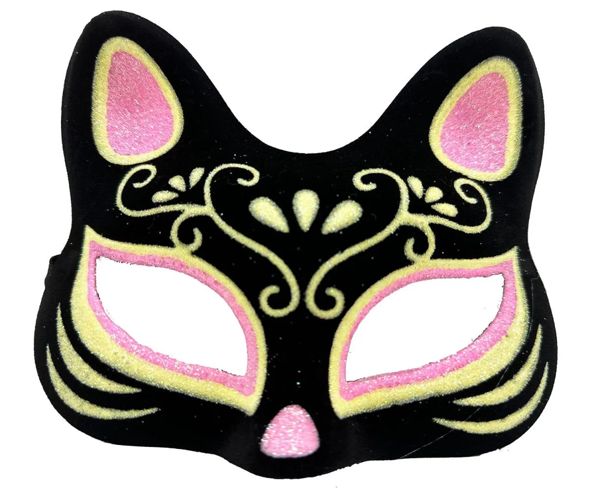 Siyah Renk Süet Kaplama Üzeri Pembe Sarı Simli Kedi Maskesi 17x14 Cm görsel 2