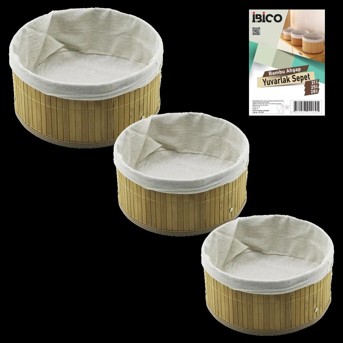 Yuvarlak Organizer Sepet 3'lü (Ø21/25/28 cm) Bambu Kenarlı Bezli görsel 2