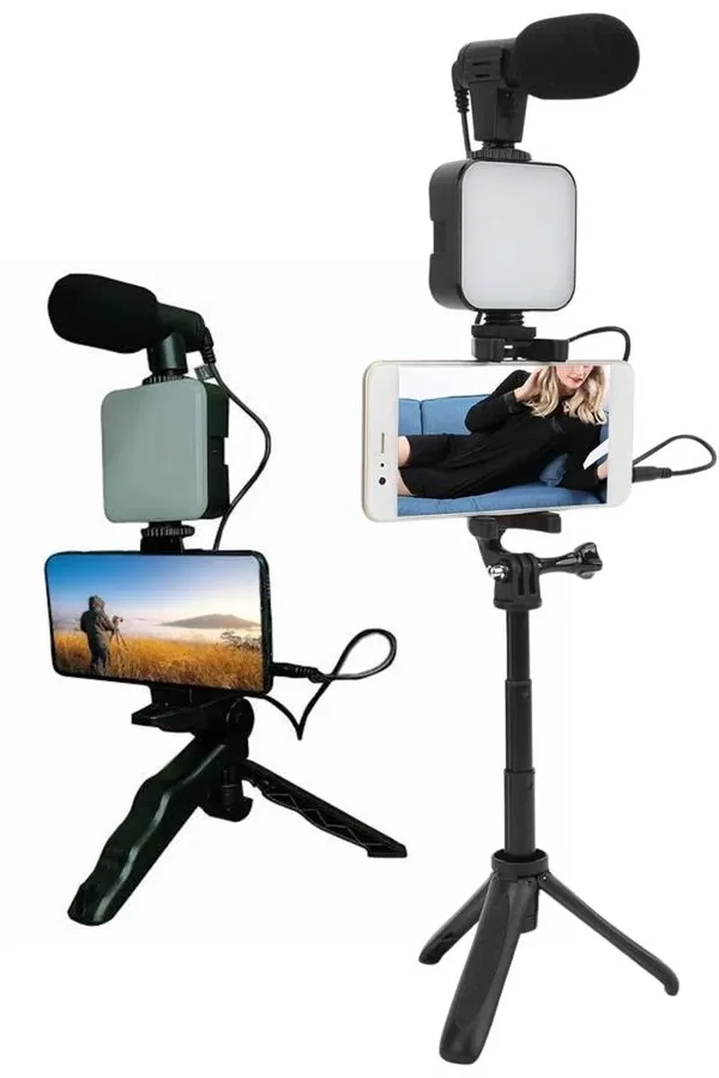 Telefon Tutucu Led Işıklı Kumandalı Mikrofon Telefon Vlog Video Kayıt görsel 4