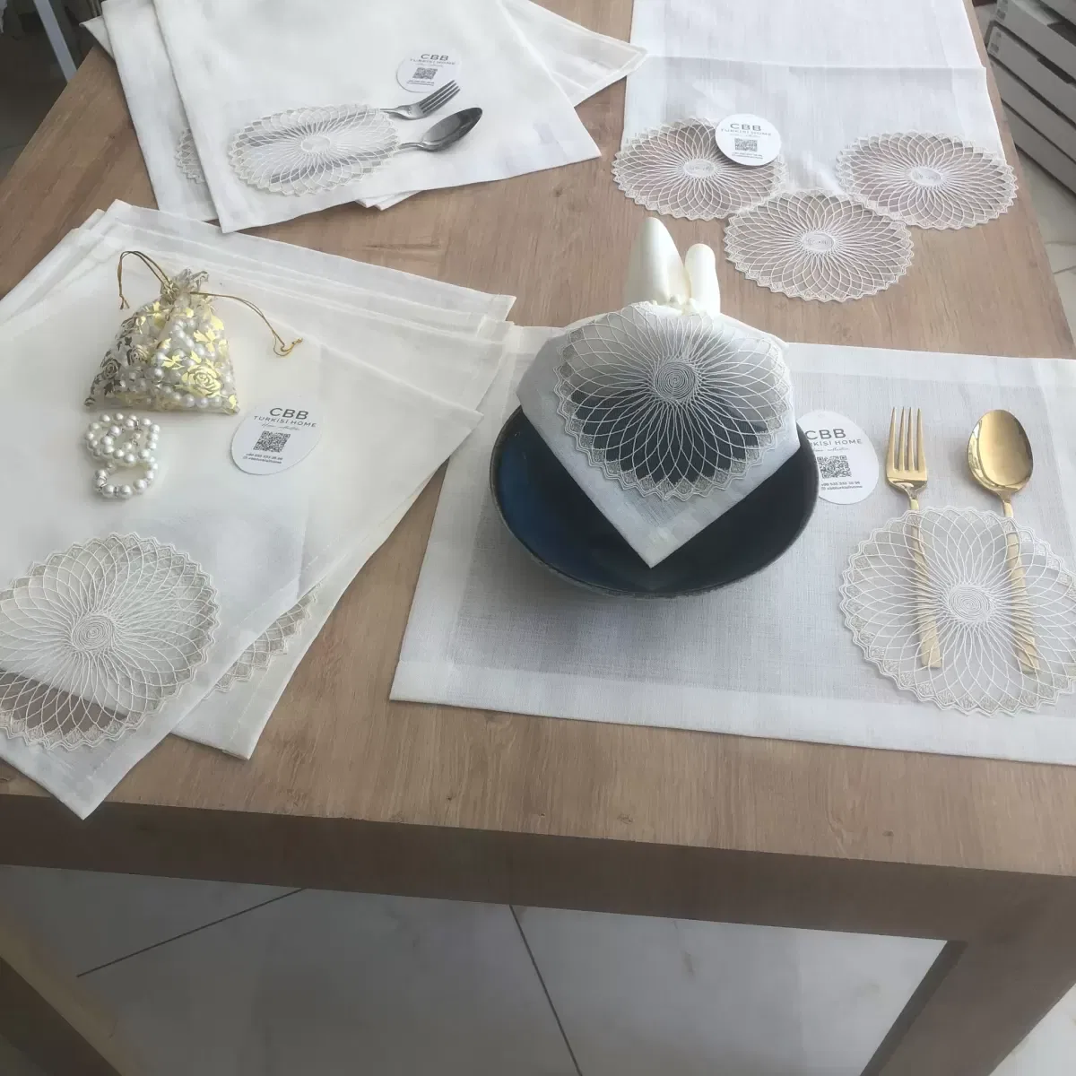 Sofra Takımı Planet Gardenya Keten Yemek Takımı 160x260 Masa Seti 26 Parça Runner Set Krem görsel 9