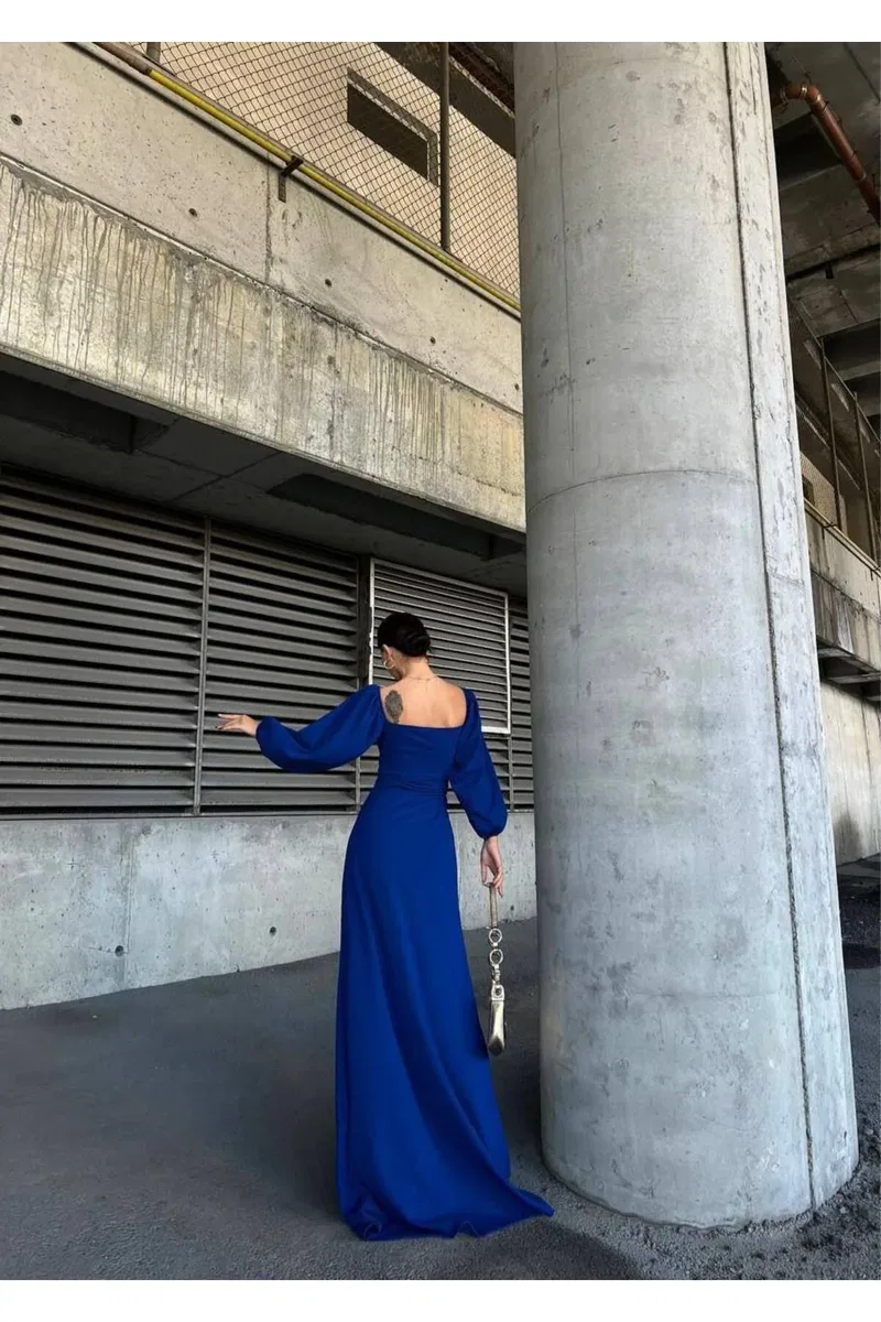 Kadın Şık Model Kare Yaka Balon Kol Saten Kumaş Elbise görsel 8