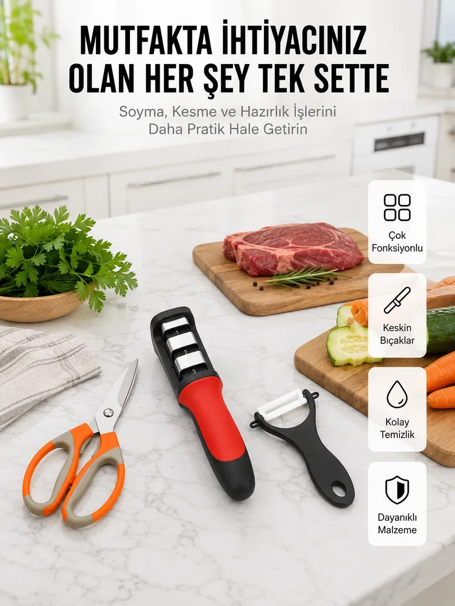 Profesyonel Mutfak Makas Seti – Kesim Makası + Soyacak + Bileyici Yeni Nesil